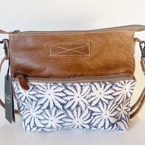 Myra Blue Sunflower Leather and Canvas Crossbody